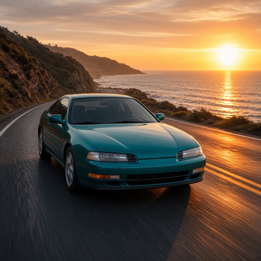 The same vehicle rendered life-size on a coastal road at sunset