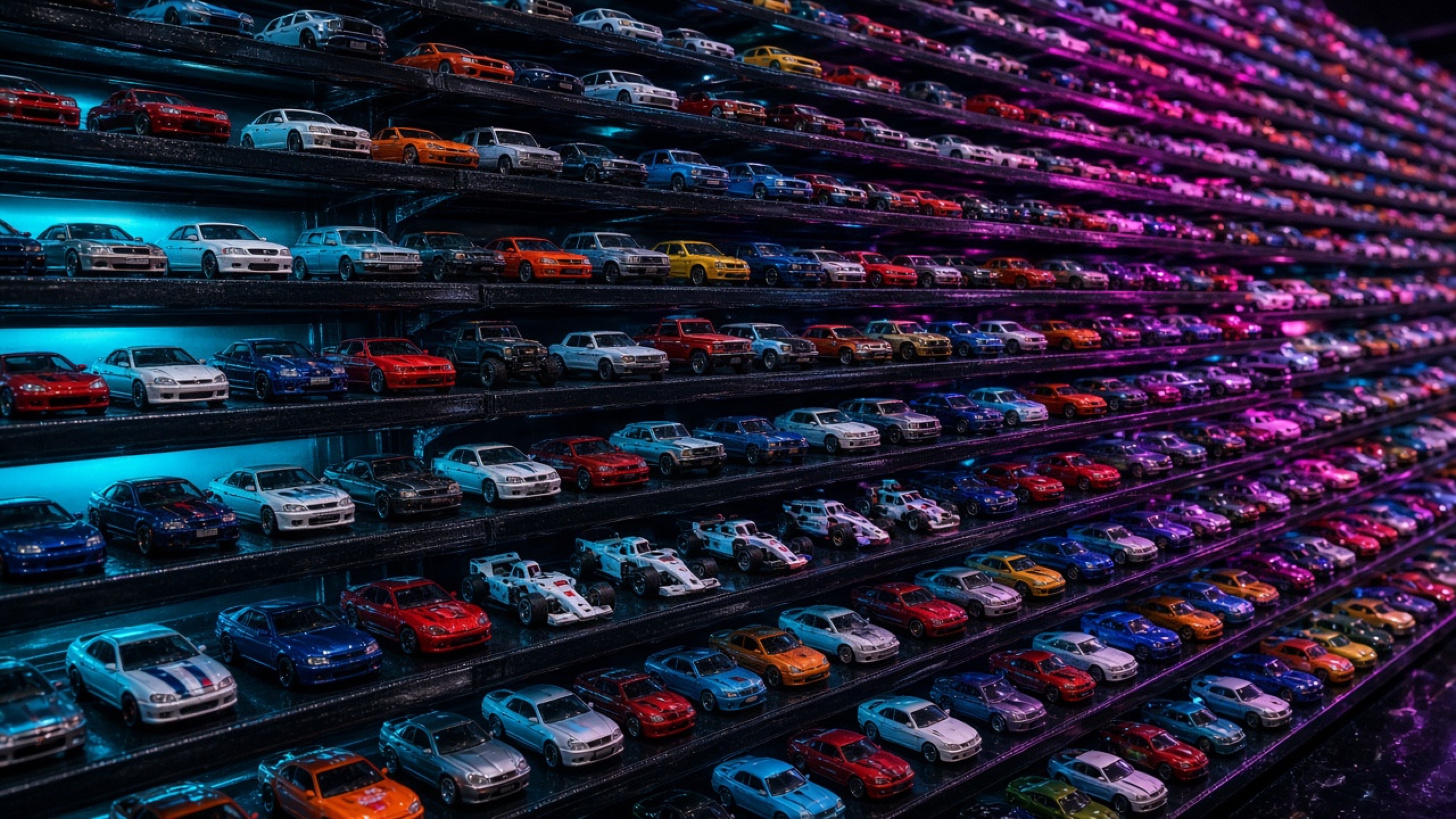 A towering wall of 1/64-scale diecast vehicles on neon-lit shelves
