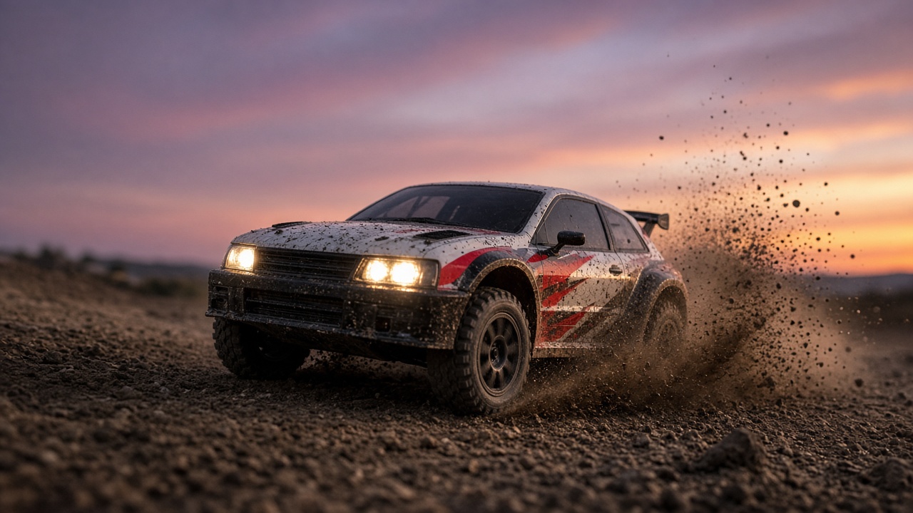 A radio controlled rally vehicle sliding through dirt at dusk