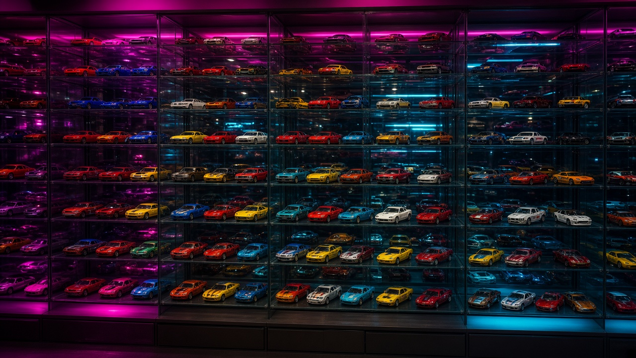 A wall of display shelves packed with diecast vehicles under neon lighting