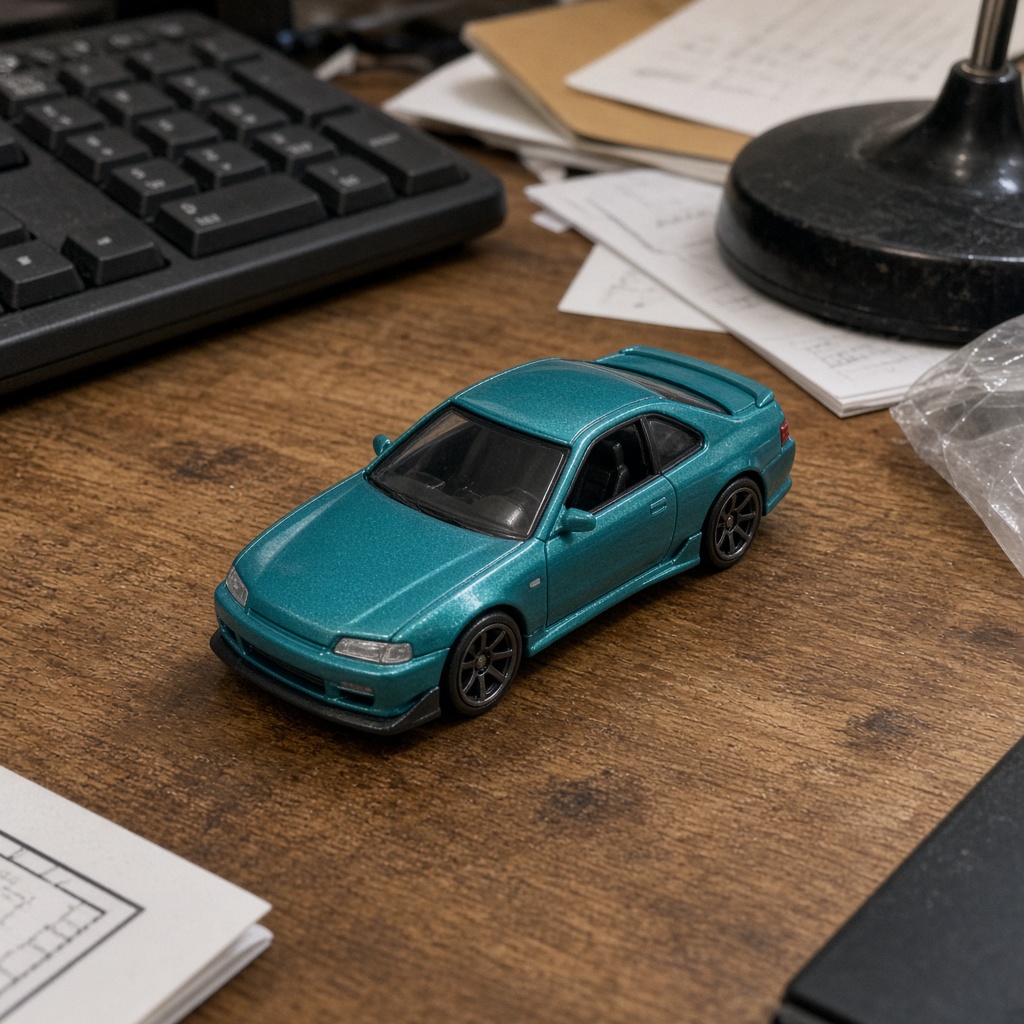 A teal Hot Wheels Honda Prelude photographed on a desk