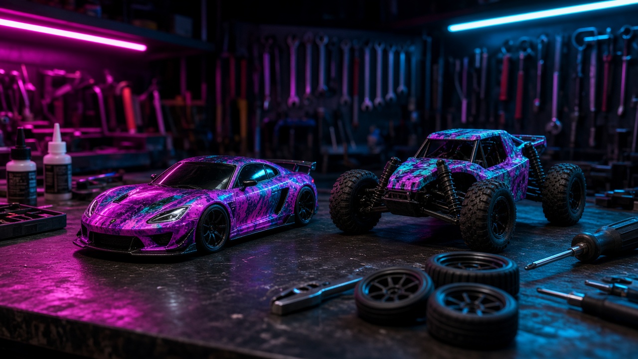 A custom diecast vehicle and R/C buggy on a neon-lit workshop bench