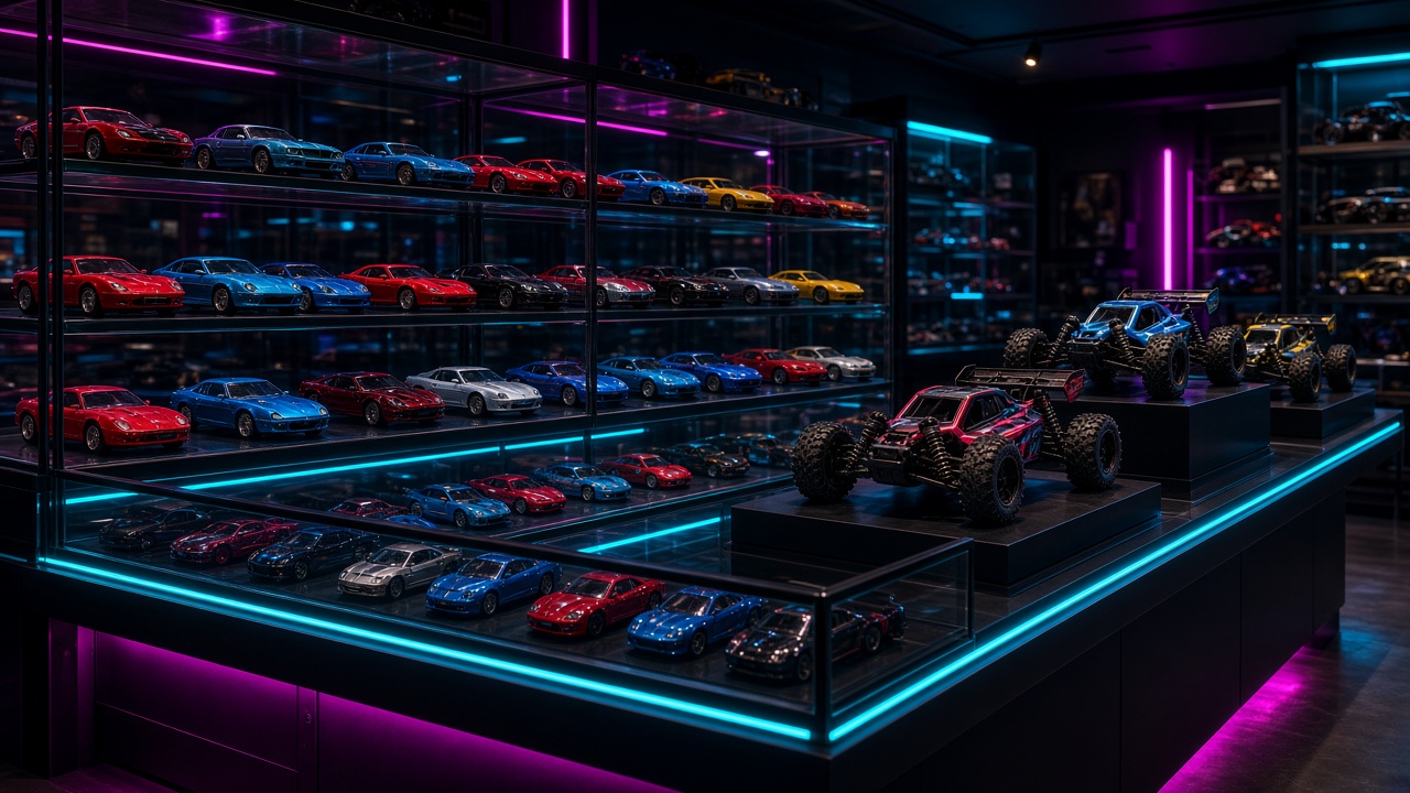 A neon-lit marketplace display of rare diecast and R/C vehicles